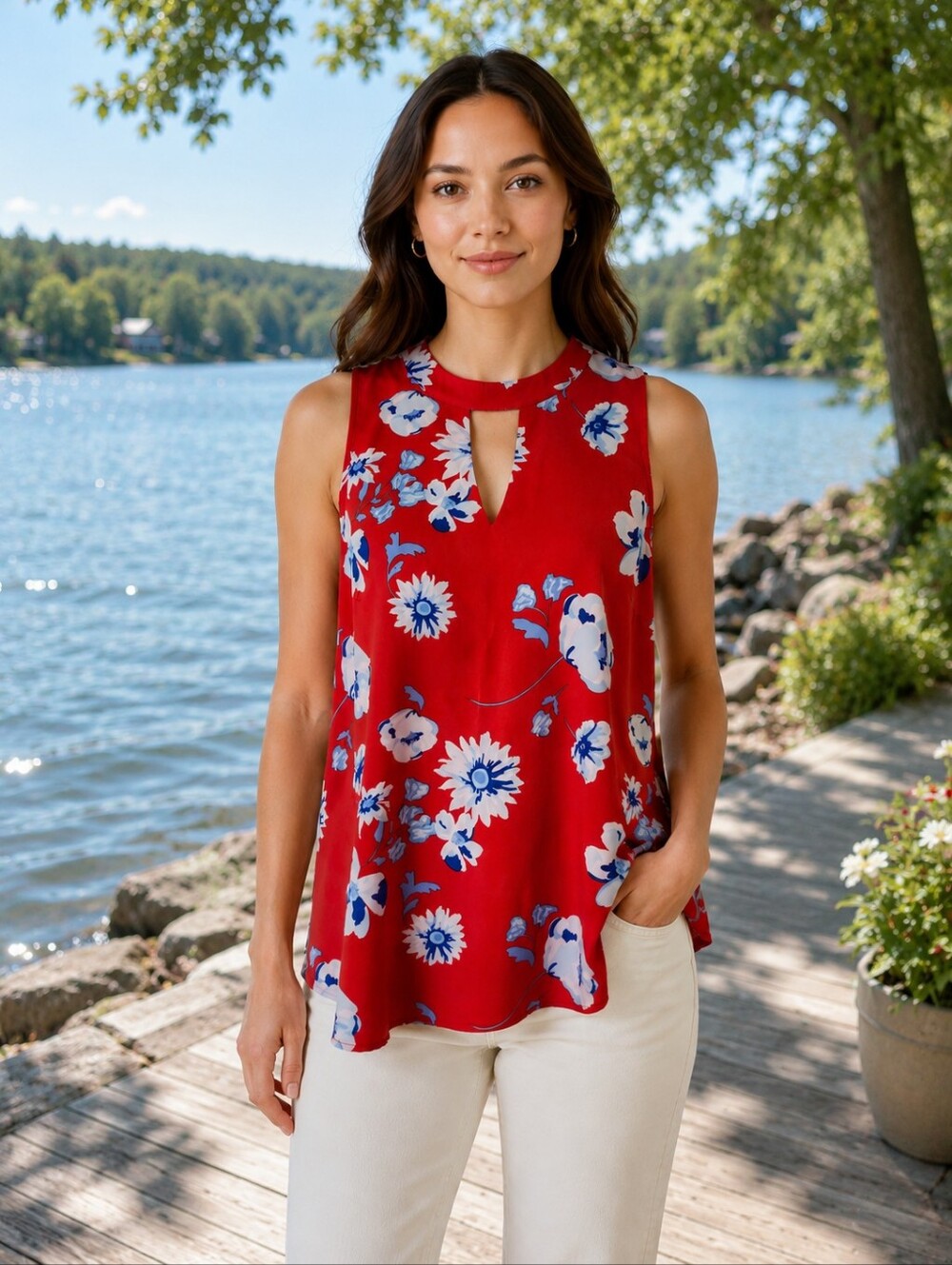 Mudpie Sleeveless Red Floral Keyhole Shirt